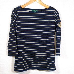 Lauren Ralph Lauren Women's 3/4 Sleeve Boat Neck T Shirt Navy Blue Gold Size M